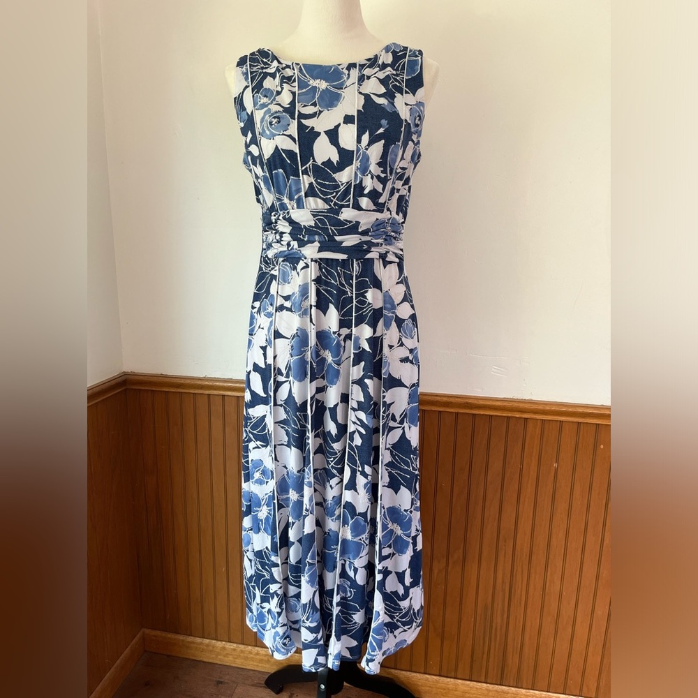 Perceptions midi dress medium blue white floral stretch modest 90s y2k long